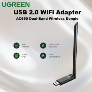 UGREEN USB 2.0 WiFi Adapter AC650 Dual-Band Wireless Dongle with 6dBi High-Gain Rotatable Antenna | 2.4GHz 200Mbps + 5GHz 433Mbps | 802.11ac for PC/Laptop Windows XP–11 | 90302