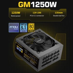 Segotep GM1250W Gaming Power Supply ATX3.1 PCIe 5.1 Interface 1250W 80 Plus Gold Full Modular PSU ; Dual 12V Rails (12V-2X6) for high-performance GPUs  ; 135mm Double Ball Bearing Fan with Smart Temperature Control ;  Full Safety Protections ; 93.13% Efficiency | BLACK 
