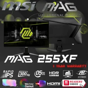 MSI MAG 255XF 25 inch FHD 300Hz Flat Gaming Monitor ; FHD (1920 x 1080) Rapid IPS Panel 0.5ms (GtG, Min.) ; Adaptive-sync ; AI Vision ; Less Blue Light ; DisplayPort 1.4a + 2 x HDMI™ 2.0b | Metallic Black ~ 6 MONTHS WARRANTY