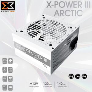 Xigmatek X-Power III Arctic 700W 85% Efficiency 80 PLUS White Power Supply – Single +12V Rail, 120mm Silent Fan, Dual CPU & GPU Support, Full Protection Suite, Flat Black Cables , Non-modular 