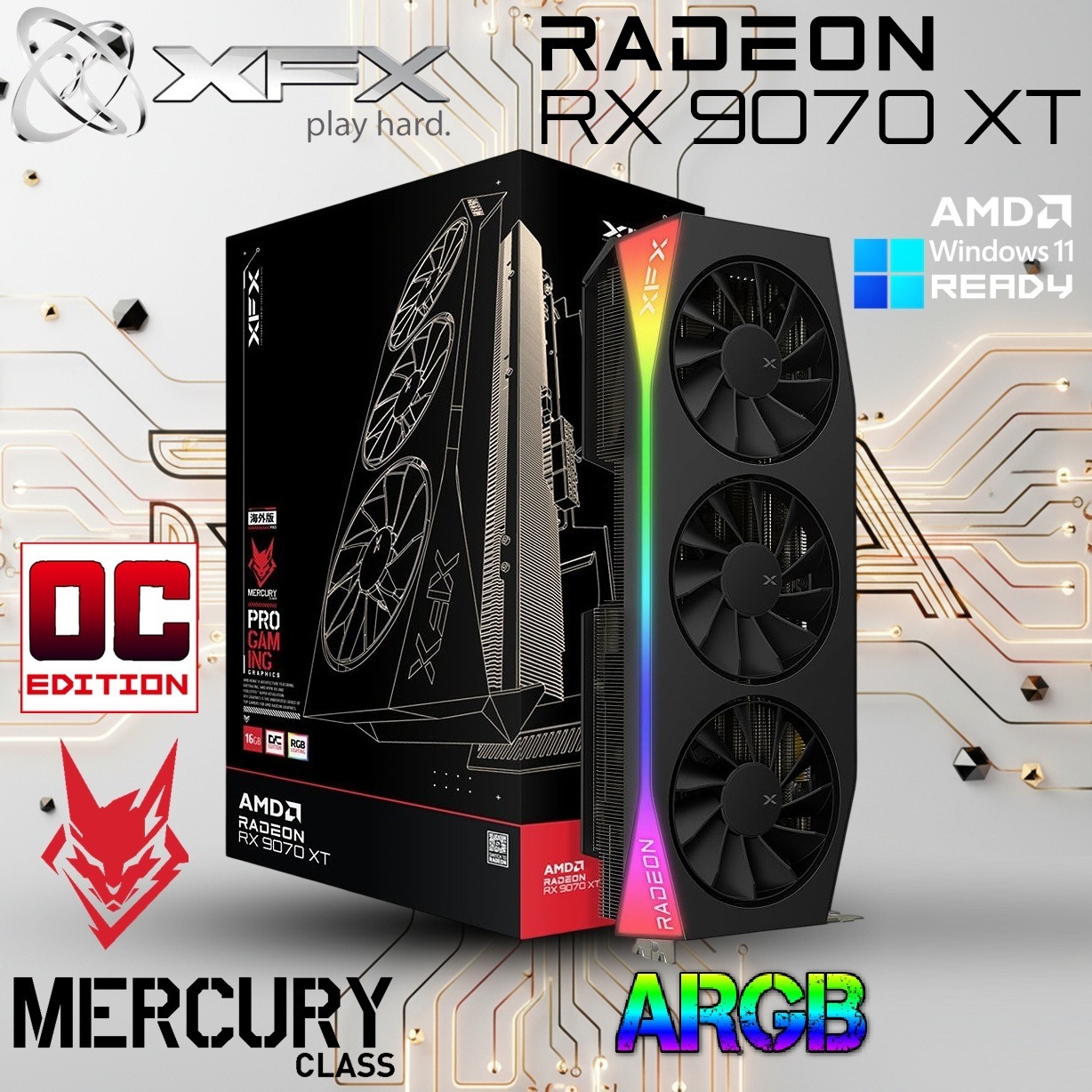 XFX Mercury AMD Radeon RX 9070XT OC Gaming Edition 16GB GDDR6 with ARGB, Apparatus Accelerating Advanced AAA Action, Augmented AI-Upscaled AMD Architecture, Airflow-Amped Vapor-Chamber Arsenal | BLACKÂ ~ RX-97TRGBBB9