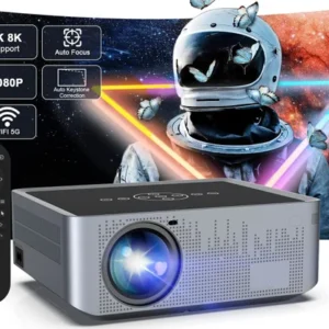 Smart Home Projector 8K Support – Full HD 1080p Native Resolution, Dual-Band Wi-Fi, Dual Speakers, Android 9.0 OS, Bluetooth Voice Remote, HDMI Connectivity, Streaming-Ready