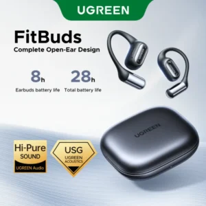 UGREEN FitBuds Black Open-Ear Wireless Earbuds with Bluetooth 6.0, Dual Connection, IPX5 Resistance, Metal-Silica Build, USB-C Fast Charging, Ambient-Aware Sports Design