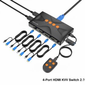 4-Port HDMI KVM Switch 2.0 – 4K@30Hz Ultra HD, USB2.0 Hub, Button & Desktop Controller Switching, Plug & Play, Compatible with Windows, macOS & Linux Systems