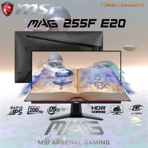 MSI MAG 255F E20 24.5″ FHD Gaming Monitor With 200Hz Rapid IPS, 0.5ms Response, HDR Ready, Adaptive Sync, HDMI 2.0b, DisplayPort, Anti-Flicker, Tilt Stand, VESA Mount | Metallic Black ~ 6 MONTHS WARRANTY