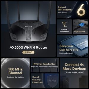 Mercusys AX3000 WiFi 6 Router MR80X with Dual-Band 3 Gbps Speeds, Qualcomm Dual-Core CPU, 160 MHz Channels, 4 High-Gain Antennas, OFDMA, MU-MIMO, Gigabit Ports, WPA3 Security