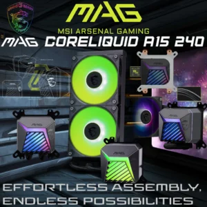 MSI MAG CORELIQUID A15 240 – AIO ARGB CPU Liquid Cooler – 240mm Radiator – LGA 1851 Ready – AMD Compatible – Dual 120mm ARGB PWM Fans | Black