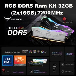 Team T-Force Delta RGB DDR5 Ram Kit 32GB (2 x 16GB) 288-Pin PC 7200 MHz (PC5 57600) 1.40V CL34 Desktop Memory Model Intel XMP 3.0 & AMD EXPO Compatible |BLACK FF3D532G7200HC34ADC01