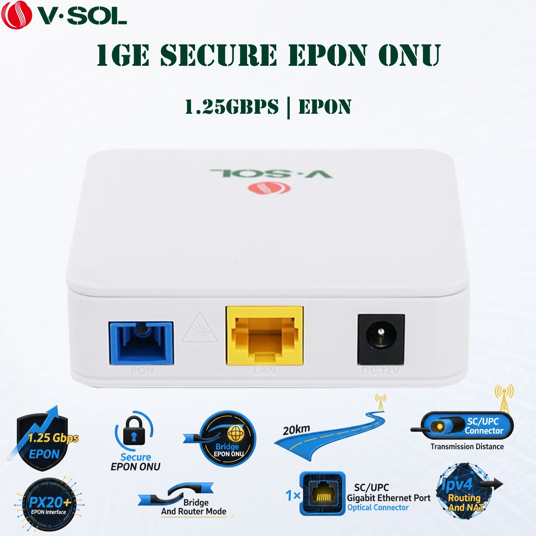 V.SOL V2801RE 1GE Secure EPON ONU With 1.25Gbps EPON, Rogue ONU Protection, Bridge And Router Modes, Wide Temperature Design, PX20+ Optical Interface, And Advanced Firewall