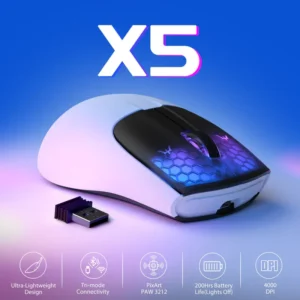 ATTACK SHARK X5 RGB Ultra-Light 49g Wireless Gaming Mouse, PixArt PAW3212 Sensor 4000 DPI, Tri-Mode Wired/2.4G/BT5.1, RGB Honeycomb Design