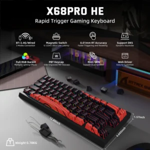 Attack Shark X68 Pro HE Mechanical Keyboard – 68 Keys, Magnetic Switches, Tri-Mode, Rapid Trigger 0.01mm, 8K Polling, Hot-Swap, RGB Backlight, 5000mAh, Black & Red Contour