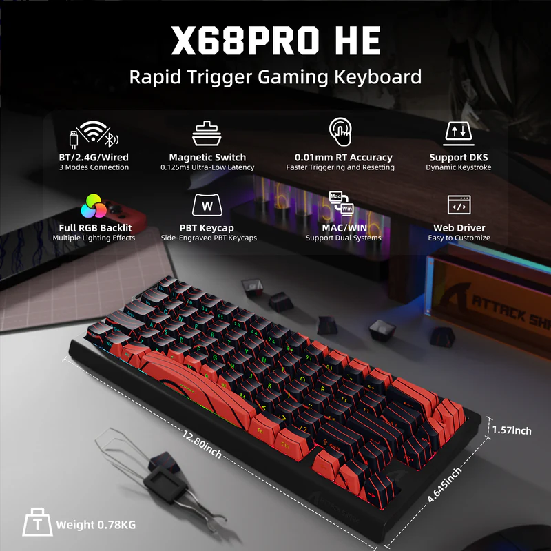 Attack Shark X68 Pro HE Mechanical Keyboard – 68 Keys, Magnetic Switches, Tri-Mode, Rapid Trigger 0.01mm, 8K Polling, Hot-Swap, RGB Backlight, 5000mAh, Black & Red Contour