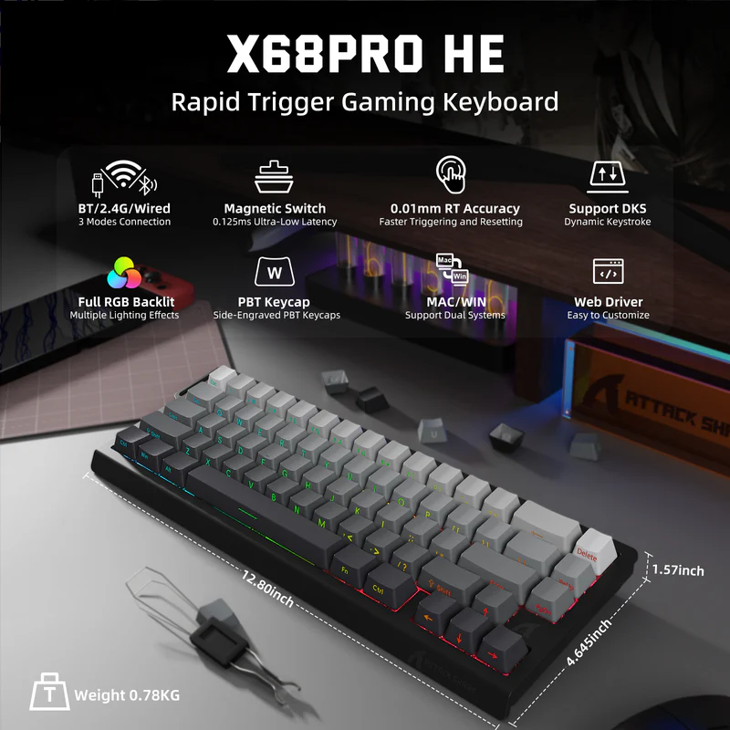 Attack Shark X68 Pro HE Mechanical Keyboard – 68 Keys, Magnetic Switches, Tri-Mode, Rapid Trigger 0.01mm, 8K Polling, Hot-Swap, RGB Backlight, 5000mAh, Moon Night color