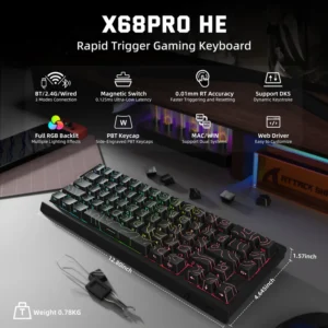 Attack Shark X68 Pro HE Mechanical Keyboard – 68 Keys, Magnetic Switches, Tri-Mode, Rapid Trigger 0.01mm, 8K Polling, Hot-Swap, RGB Backlight, 5000mAh, Black
