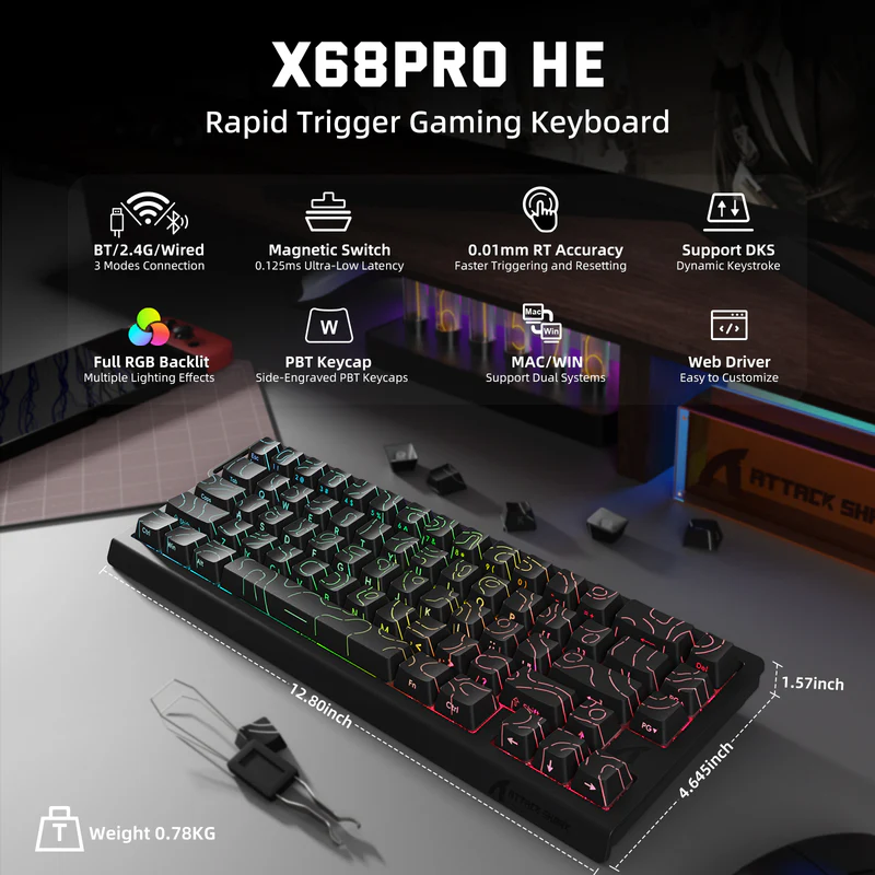 Attack Shark X68 Pro HE Mechanical Keyboard – 68 Keys, Magnetic Switches, Tri-Mode, Rapid Trigger 0.01mm, 8K Polling, Hot-Swap, RGB Backlight, 5000mAh, Black