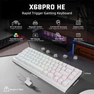 Attack Shark X68 Pro HE Mechanical Keyboard – 68 Keys, Magnetic Switches, Tri-Mode, Rapid Trigger 0.01mm, 8K Polling, Hot-Swap, RGB Backlight, 5000mAh, White