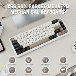 Attack Shark X66 Mechanical Keyboard – 66 Keys, Tri-Mode Wireless, Strawberry Switches, RGB, Gasket Mount, Hot-Swappable, PBT Keycaps, White Cheese