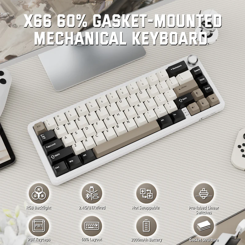 Attack Shark X66 Mechanical Keyboard – 66 Keys, Tri-Mode Wireless, Strawberry Switches, RGB, Gasket Mount, Hot-Swappable, PBT Keycaps, White Cheese