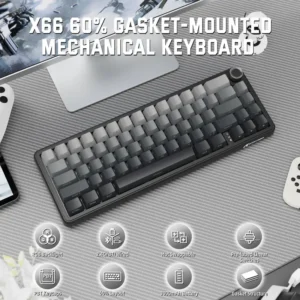 Attack Shark X66 Mechanical Keyboard – 66 Keys, Tri-Mode Wireless, Strawberry Switches, RGB, Gasket Mount, Hot-Swappable, PBT Keycaps, MOONLIGHT