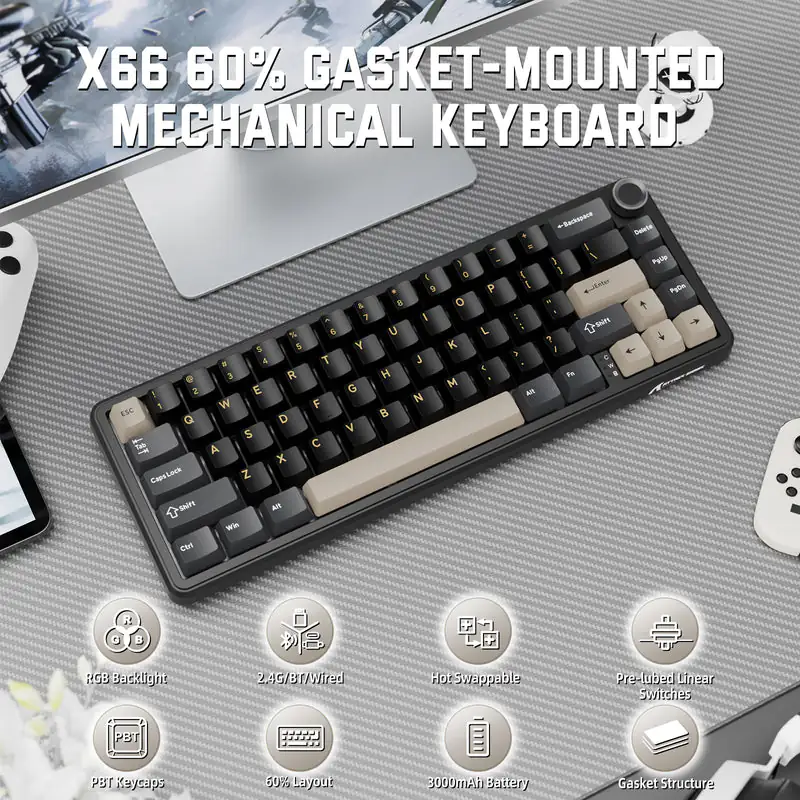 Attack Shark X66 Mechanical Keyboard – 66 Keys, Tri-Mode Wireless, Strawberry Switches, RGB, Gasket Mount, Hot-Swappable, PBT Keycaps, Star Black