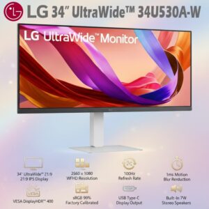 LG 34 Inch UltraWide FHD IPS Gaming Monitor With 21:9 Display, 2560×1080 Resolution, 100Hz Refresh Rate, 1ms MBR, DisplayHDR 400, USB Type-C Connectivity, Adjustable Stand | WHITE ~ 34U530A-W