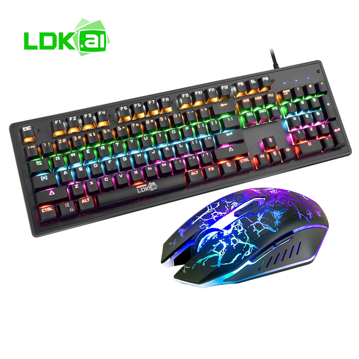 LDK.ai G100 Wired Gaming Keyboard & Mouse Set — 104-Key Blue Switch Mechanical Keyboard With 6-Color Breathing Backlight, USB Interface, 3-Key Gaming Mouse | BLACK