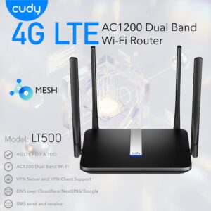 CUDY  AC1200 Dual Band 4G LTE Wi-Fi Router With Nano SIM Slot, 150Mbps LTE, 867Mbps 5GHz + 300Mbps 2.4GHz, VPN, Dual WAN/LAN, Guest Network | LT500