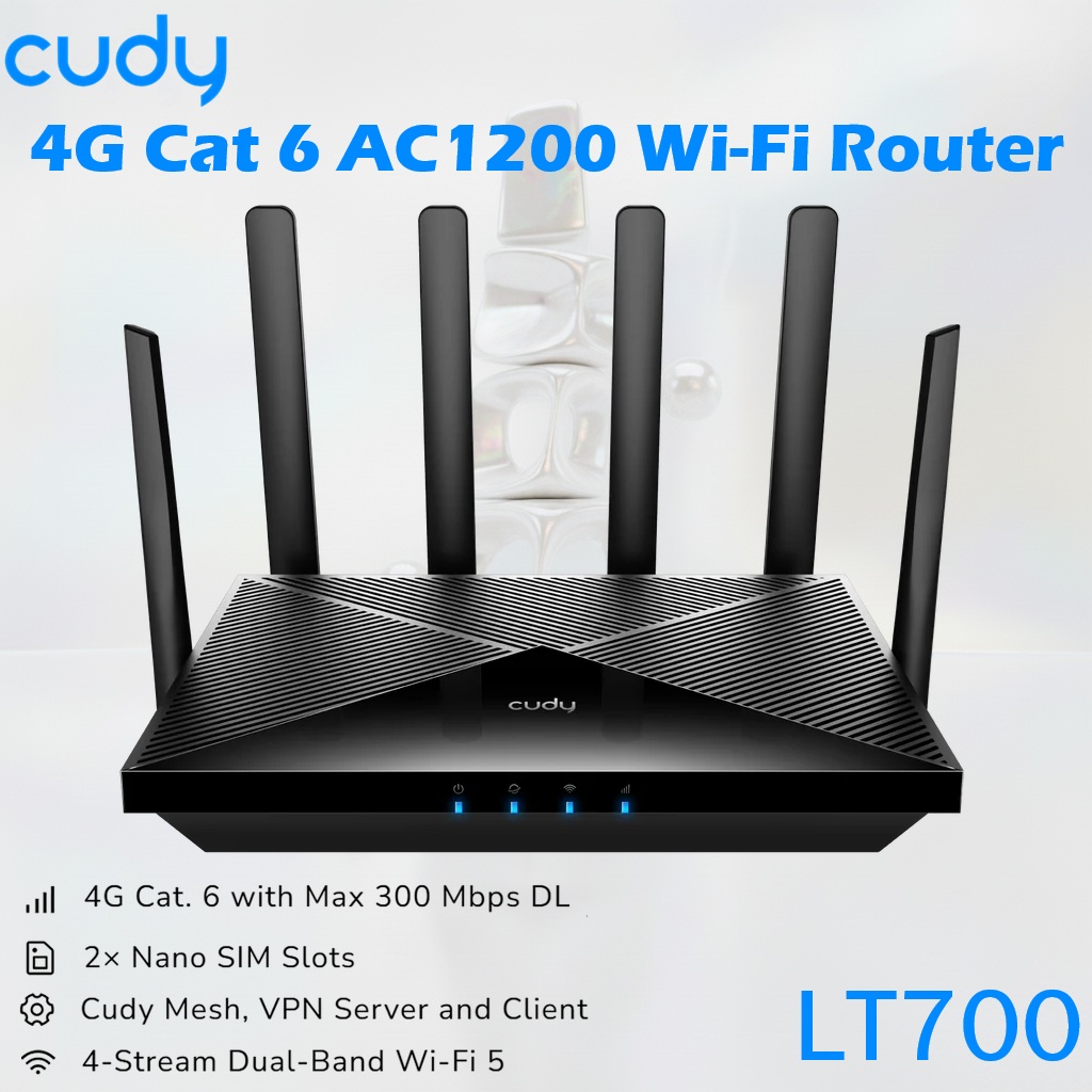 CUDY 4G LTE Cat 6 AC1200 Wi-Fi Router With Dual Nano SIM, 300Mbps LTE, 867Mbps 5GHz + 300Mbps 2.4GHz, 4× Gigabit Ports, VPN, Cloud Control | LT700