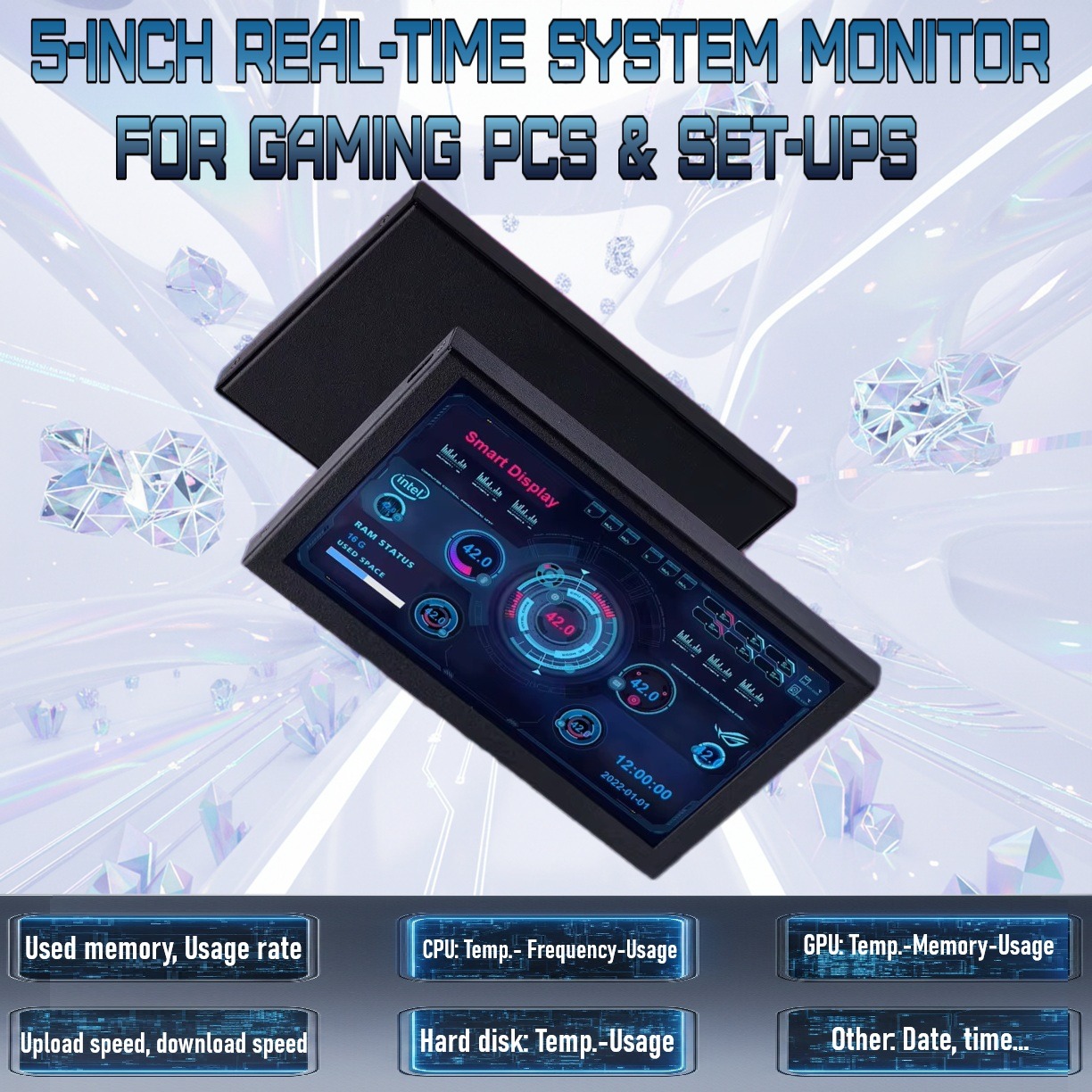 Mini 5-inch LCD Secondary Smart Display Real-time System Monitor for Gaming PCs and Set-ups , USB-C Interface , Real-Time News, YouTube Sync, Music Rhythm, 1000+ Themes, Smart Reminders, E-Album, And Multi-Screen Linkage | BLACK ~ MIRABOX-D5