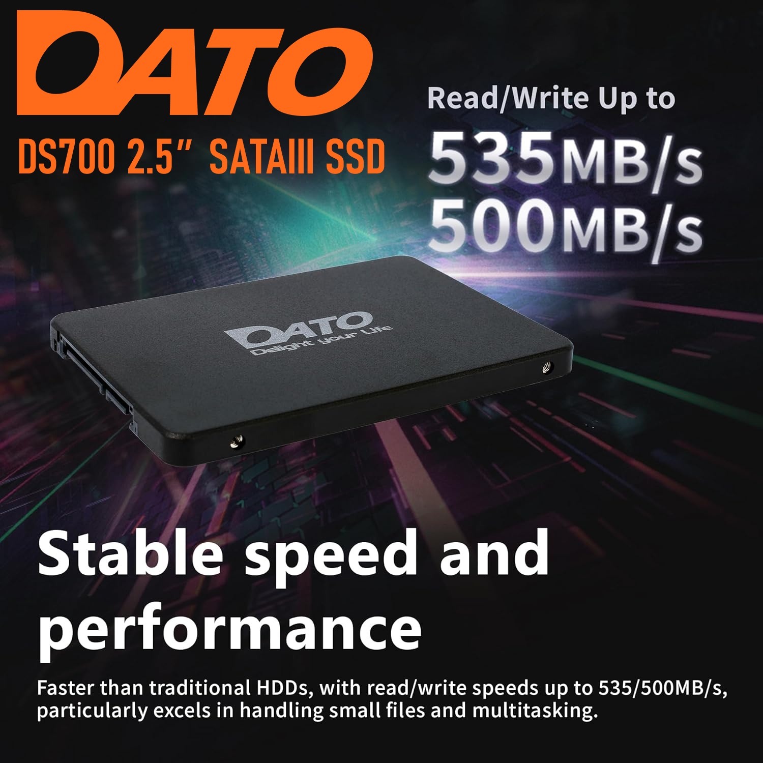 DATO DS700 256GB 2.5″ SATAIII SSD With 535MB/s Read, 500MB/s Write, Smart SLC Caching, Shock-Resistant Build, Low Power Use, Silent Operation, Lightweight Design, HDD Upgrade Ready | DS700SSDA-256GB