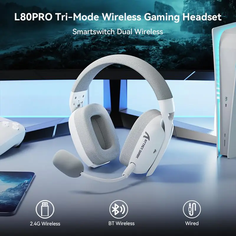 Attack Shark L80 PRO Wireless Gaming Headset – Tri-Mode 2.4GHz/Bluetooth/Wired, Dual Built-in & Detachable Microphone, 40mm Hi-Fi Drivers, Ergonomic Lightweight Design, Long Battery Life