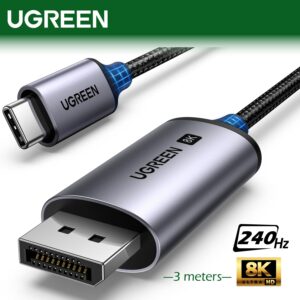 UGREEN USB C To DisplayPort 1.4 Cable 3 meters Supporting 8K@60Hz, 4K@240Hz, 32.4Gbps Bandwidth, HDR, MST Daisy Chain, VRR, ALLM, Braided Aluminum Design, Compatible With Thunderbolt 4/3 Devices