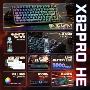 Attack Shark X82PRO HE Wireless Gaming Keyboard – Magnetic Switch, Black Contours, Rapid Trigger, Tri-Mode, Hot-Swap, RGB Backlight, 8000Hz Wired Polling