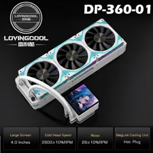 LOVINGCOOL DP-360-01 Liquid Cooler With 4.0-inch Magnetic Large Screen Supports MP4 -JPG-GIF , 3x 120mm PWM ARGB 5V Fan With Infinity Mirror Design , 2600 RPM Pump Speed , 67 CFM , 26dBA | WHITE