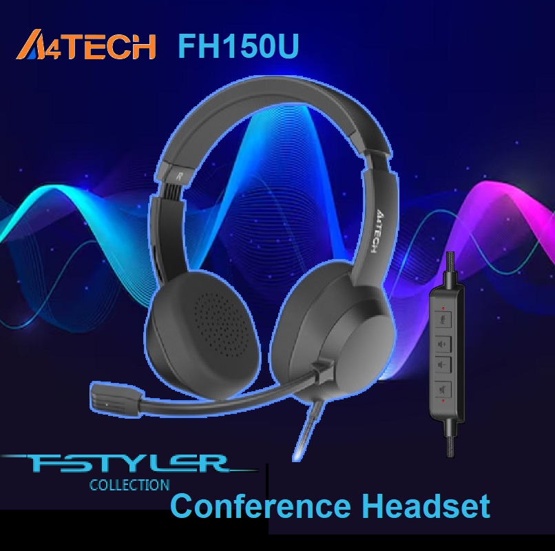 A4TECH FH150U Conference Headset – DSP Stereo Sound – 40mm Speaker Unit – Leather Padded Headband – Flexible Rotating Microphone – In-Line Convenient Controller – Compatible with Windows & Mac OS