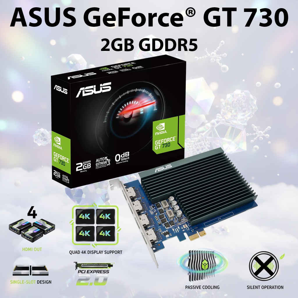 ASUS GeForce® GT 730 Graphics Card With 2GB GDDR5, 4x HDMI 4K Output, Passive Cooling, Single-Slot Design, PCIe 2.0, GPU Tweak II, Windows 11 Support