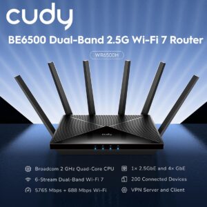 Cudy BE6500 WR6500H 2.5G Wi-Fi 7 Router With 6.5Gbps Dual-Band Speed, Broadcom 2GHz Quad-Core CPU, 200-Device Capacity, 1×2.5G WAN, 4×Gigabit LAN, Mesh, VPN, And App Control
