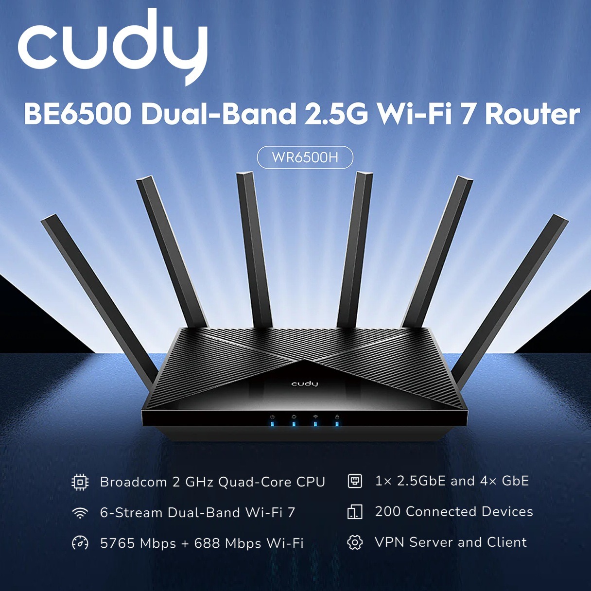 Cudy BE6500 WR6500H 2.5G Wi-Fi 7 Router With 6.5Gbps Dual-Band Speed, Broadcom 2GHz Quad-Core CPU, 200-Device Capacity, 1×2.5G WAN, 4×Gigabit LAN, Mesh, VPN, And App Control