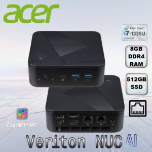Acer Veriton NUC Mini Desktop – Intel Core i7-1355U 10-Core, 8GB DDR4 SODIMM, 512GB PCIe SSD, Intel UHD Graphics, HDMI & DP, Dual Gigabit LAN, Triple M.2 Slots, 65W | VN1502G-13U7U