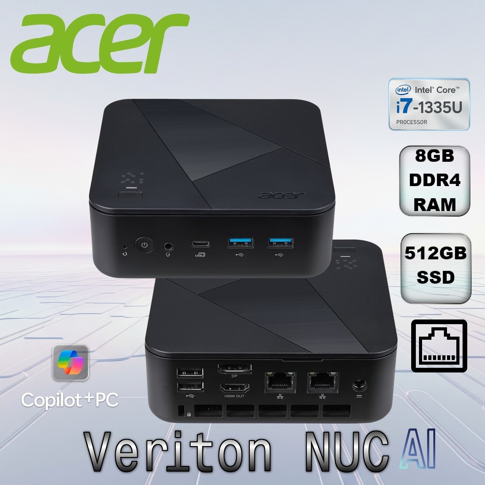 Acer Veriton NUC Mini Desktop – Intel Core i7-1355U 10-Core, 8GB DDR4 SODIMM, 512GB PCIe SSD, Intel UHD Graphics, HDMI & DP, Dual Gigabit LAN, Triple M.2 Slots, 65W | VN1502G-13U7U