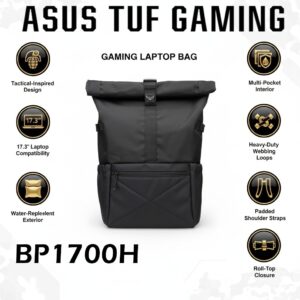 ASUS TUF Gaming BP1700H Tactical Laptop Backpack For 17.3-Inch Notebooks With Water-Repellent Polyester, Roll-Top Closure, Padded Straps, And Multi-Pocket Storage | 90XB05J0-BBP000
