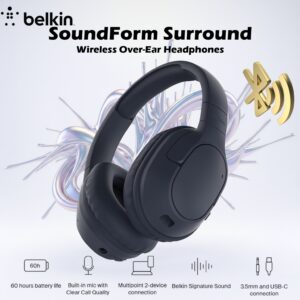 Belkin SoundForm Surround Bluetooth Over-Ear Headphones, Noise Cancelling Headphones, Wireless with 60H Playtime and Soft Ear Cups , for iPhone, Galaxy, iPad | Navy Blue ~ AUD009HQBL