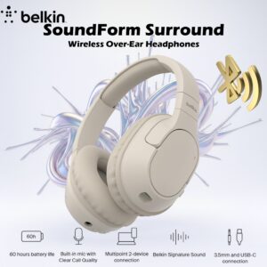 Belkin SoundForm Surround Bluetooth Over-Ear Headphones, Noise Cancelling Headphones, Wireless with 60H Playtime and Soft Ear Cups , for iPhone, Galaxy, iPad | Beige Sand ~ AUD009HQSA