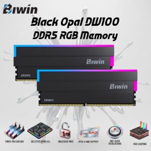 Biwin Black Opal DW100 DDR5 6000 MT/s RGB 32GB RAM Kit (16GB x2) CL28 , 1.4V , Three-Fin Cooling, Hynix ICs, Unlocked PMIC,  AMD Optimization , Intel Compatible , One-Click Overclocking | BLACK ~ BXL53260DW1-D28FB