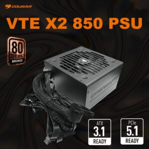 Cougar VTE X2 850W PSU – 80 Plus Bronze Efficiency, ATX 3.1 Power, PCIe 5.1 & 12V-2×6 Ready, DC-To-DC Stability, 120mm Silent Fan, Single 12V Rail, Full Protections, Non-Modular Design