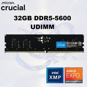 Crucial 32GB DDR5-5600 UDIMM Desktop Memory CL46 With On-Die ECC, XMP 3.0 And EXPO Profiles, 1.1V Low Voltage, Micron-Engineered Reliability | BLACK ~ CT32G56C46U5 | PULL-OUT
