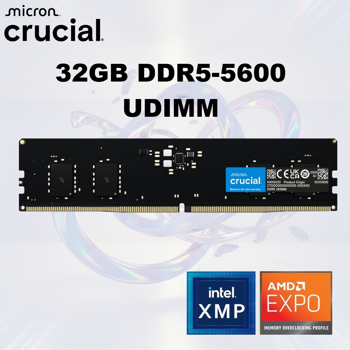 Crucial 32GB DDR5-5600 UDIMM Desktop Memory CL46 With On-Die ECC, XMP 3.0 And EXPO Profiles, 1.1V Low Voltage, Micron-Engineered Reliability | BLACK ~ CT32G56C46U5 | PULL-OUT