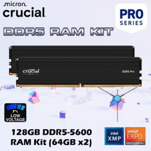 Crucial Pro 128GB DDR5-5600 RAM Kit (64GB x2), Low-Profile Heat Spreader, CL46, Intel XMP 3.0 & AMD EXPO, 1.1V UDIMM, High-Bandwidth Memory | BLACK ~ CP2K64G56C46U5