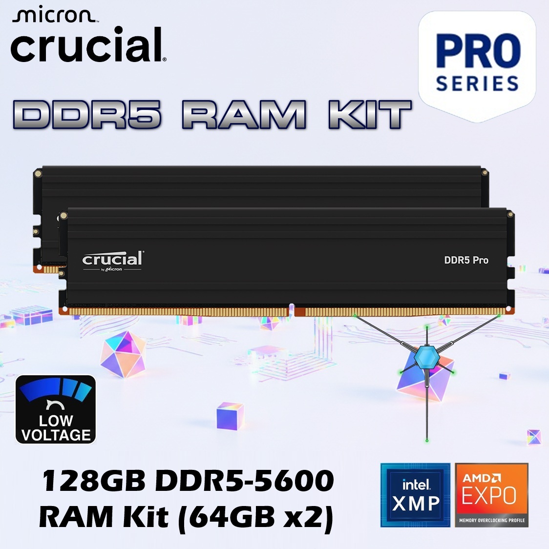 Crucial Pro 128GB DDR5-5600 RAM Kit (64GB x2), Low-Profile Heat Spreader, CL46, Intel XMP 3.0 & AMD EXPO, 1.1V UDIMM, High-Bandwidth Memory | BLACK ~ CP2K64G56C46U5