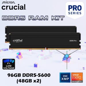 Crucial Pro 96GB DDR5-5600 RAM Kit (48GB x2), Low-Profile Heat Spreader, CL46, Intel XMP 3.0 & AMD EXPO, 1.1V UDIMM, High-Bandwidth Memory for Gaming, Creators & Workstations ~ BLACK CP2K48G56C46U5